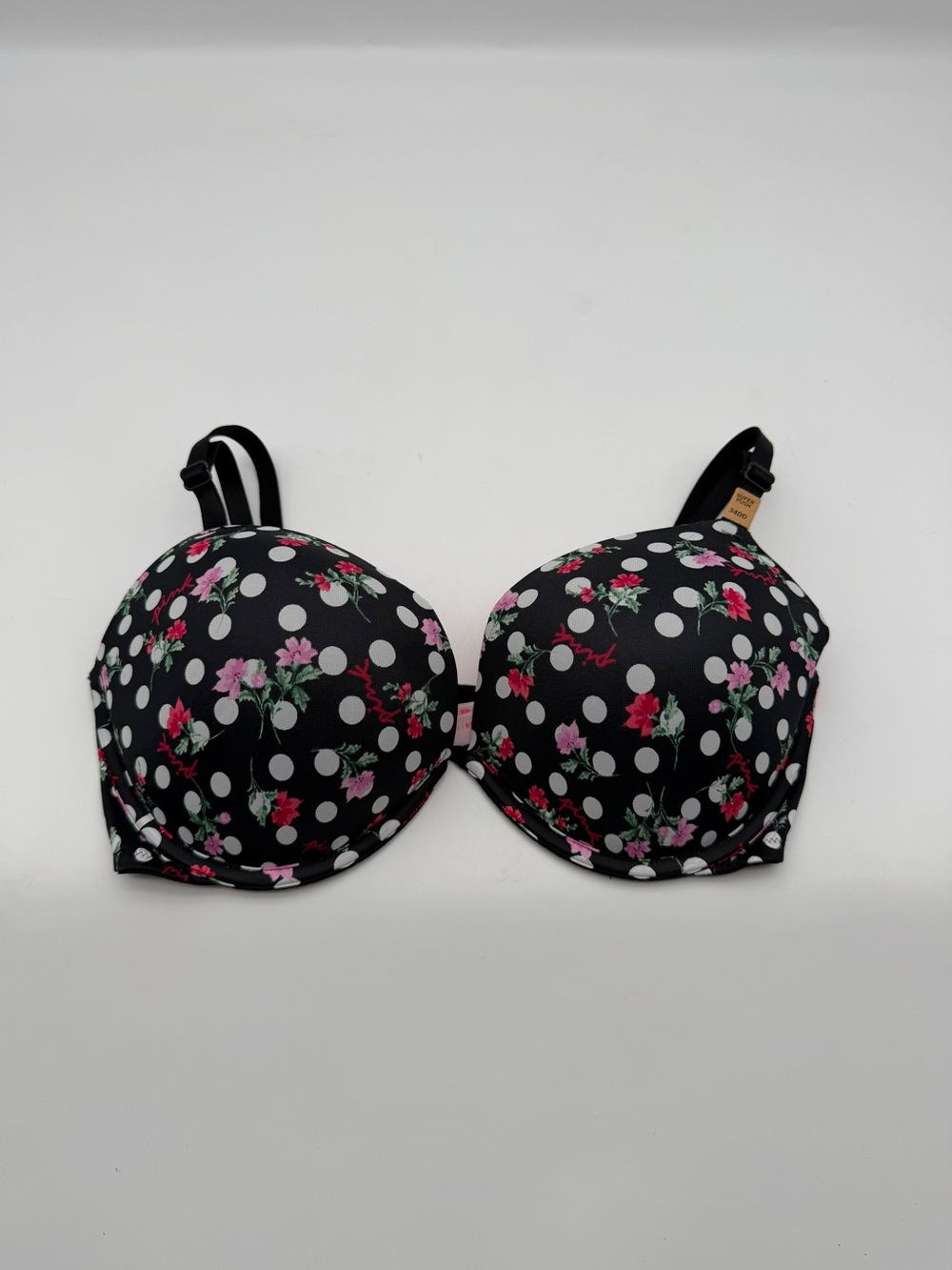 PINK Victoria's Secret‎ Black Polka Dot Floral Push-Up Bra - Picture 2 of 7